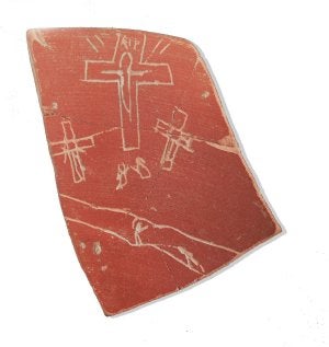 Ostraca de Iruña Veleia donde aparece una crucifixión./