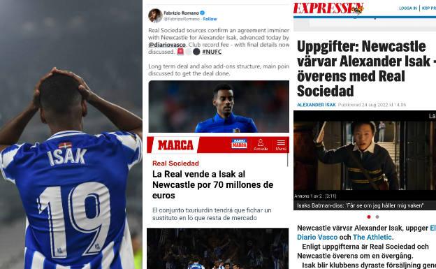 Varias impresiones de la noticia del fichaje de Isak por el Newcastle publicada por El Diario Vasco./dv