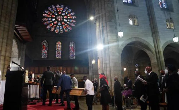 The coffin of Demond Tutu, in the Cathedral of Saint George. 