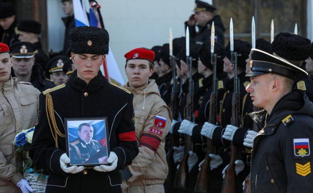 Russian marines attend the funeral of Deputy Commander Andrei Paliy, number 2 of the Kremlin fleet in the Black Sea, in Sevastopol. 