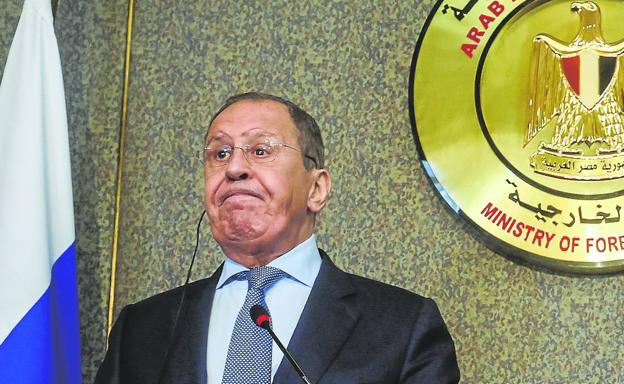 Russian Foreign Minister Sergei Lavrov during a conference after meeting his Egyptian counterpart Sameh Shoukri and President Abdelfatá al-Sisi during his visit to Egypt. 