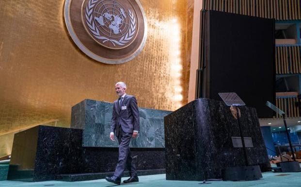The Minister of the Interior, Fernando Grande-Marlaska, after delivering his speech, this Thursday at the United Nations headquarters in New York.