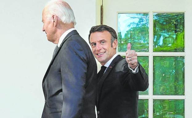 US President Joe Biden and his French counterpart Emmanuel Macron during their meeting yesterday at the White House. 