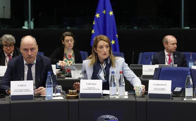 The president of the European Parliament, Roberta Metsola, during a conference, shortly after the corruption scandal broke out.